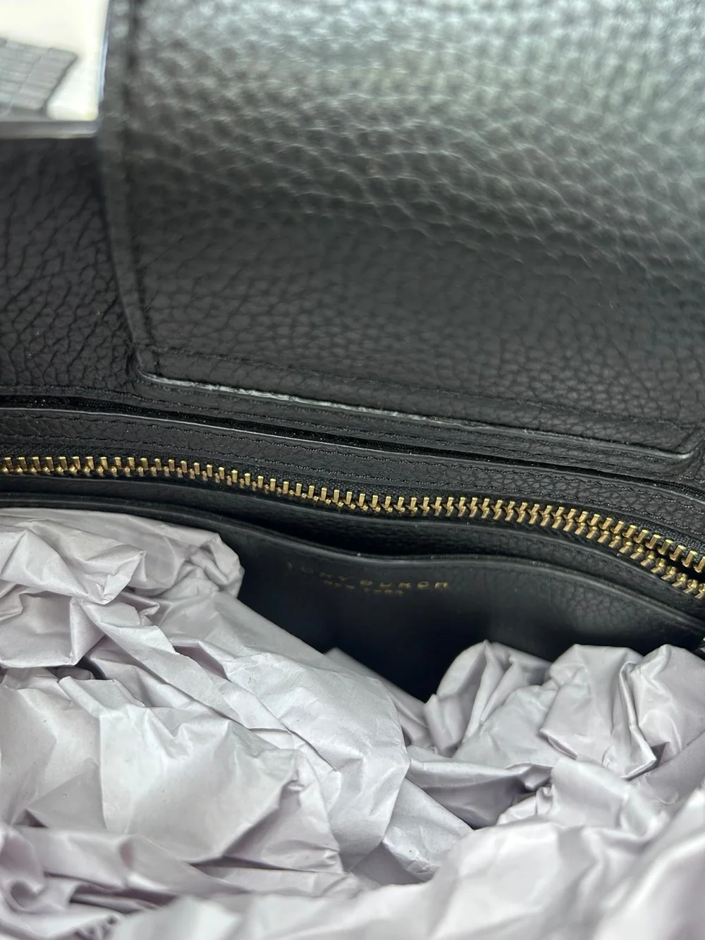 Tory Burch Black Pebbled Leather Satchel with Gold Logo